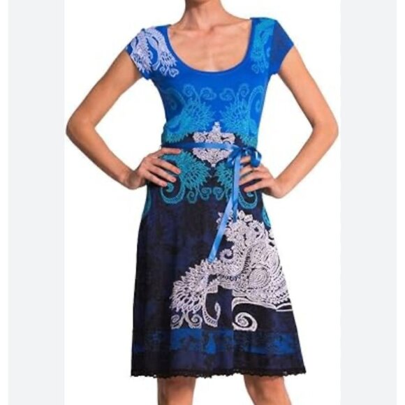 Desigual Blue Paisley Overprinted A-line Jersey Knit Dress Y2K Size S - Picture 1 of 9